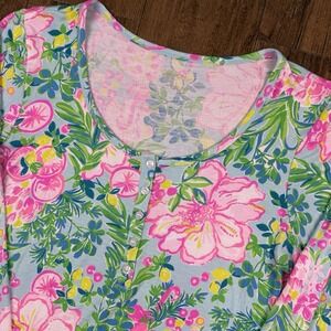 Lilly Pulitzer PJ Knit Henley Womens L Sea Salt Blue Fruity Flamingo Soft Cozy